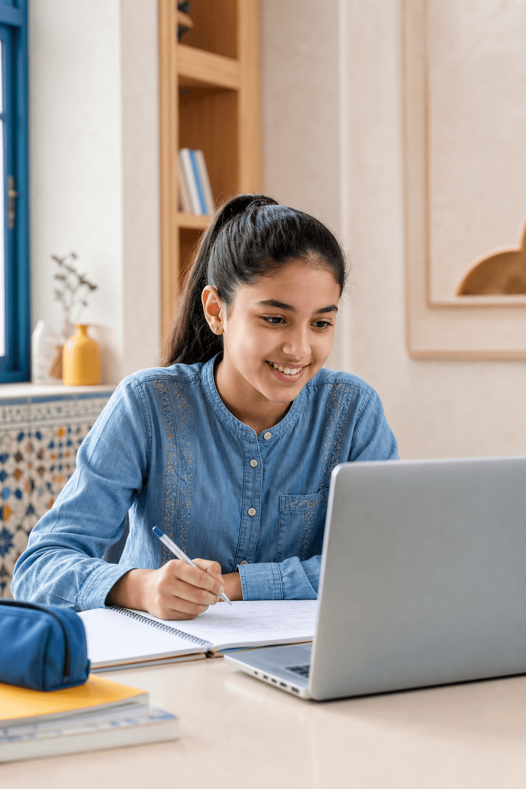 Collégienne marocaine suivant un cours de sciences en ligne