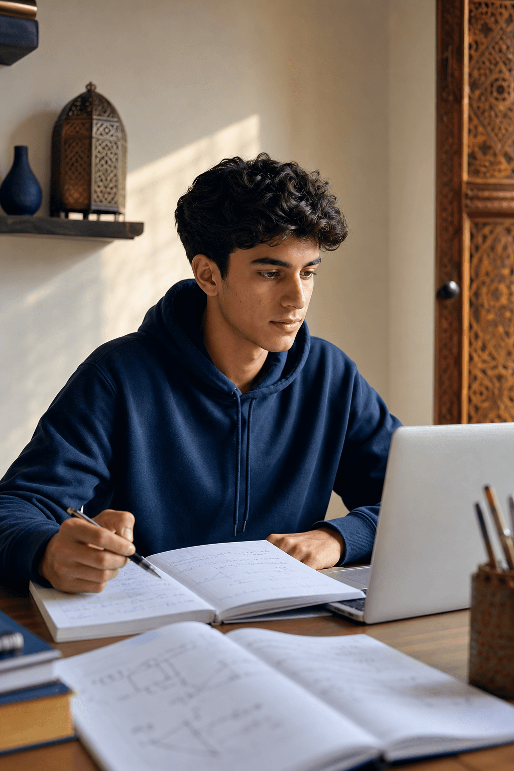 Lycéen marocain préparant un exercice de physique en ligne