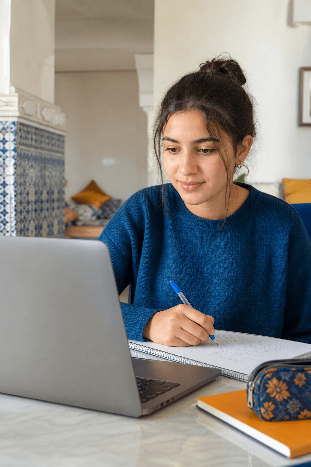 Lycéenne marocaine révisant les mathématiques en ligne