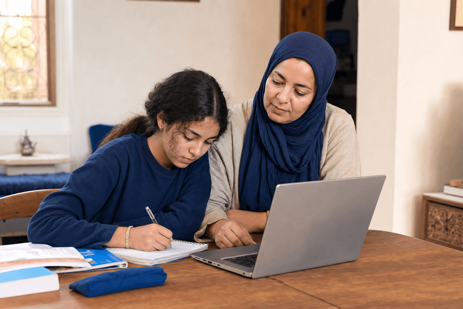 Une mère et son enfant devant un ordinateur portable à la maison