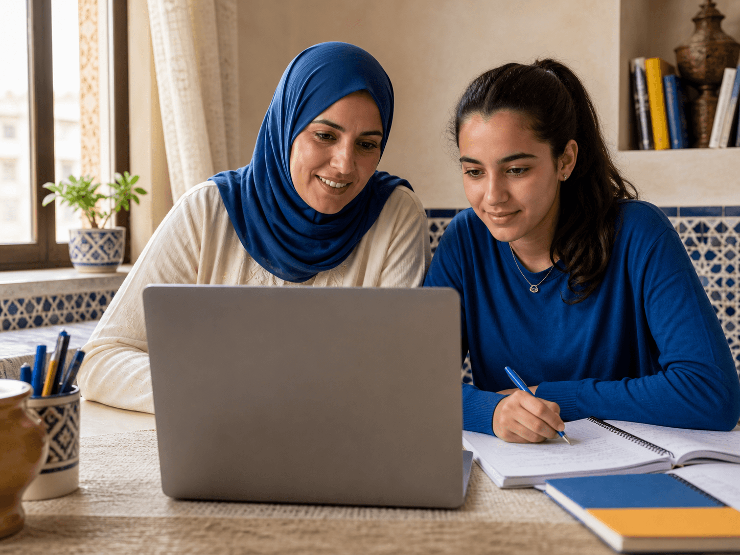 Mère marocaine accompagnant sa fille devant un ordinateur portable